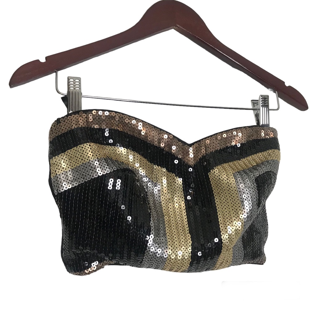 Bebe Womens Y2k Disco Color Block Sequins Corset Top Small Black Gold Holiday